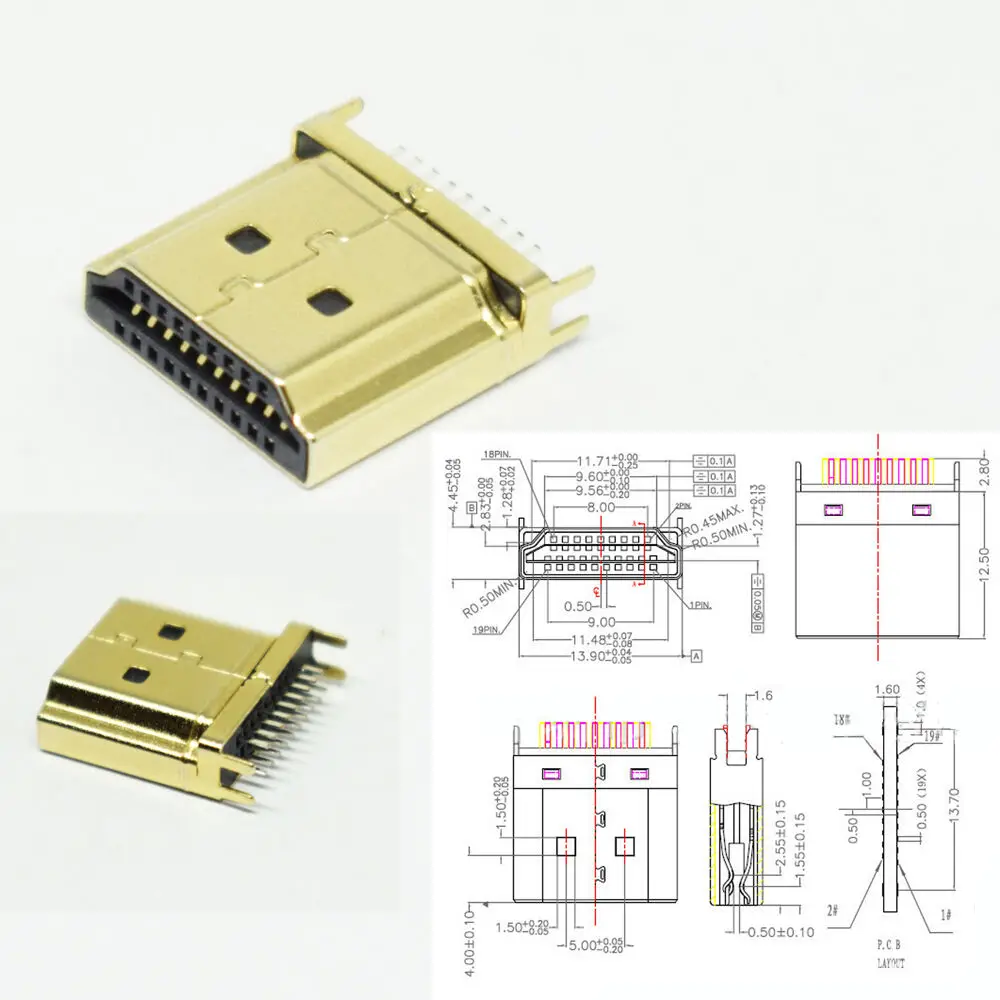 Connecteur mâle HDMI plaqué or, 1.6mm, 19 broches, châssis PCB, prise SMD, 1 pièce