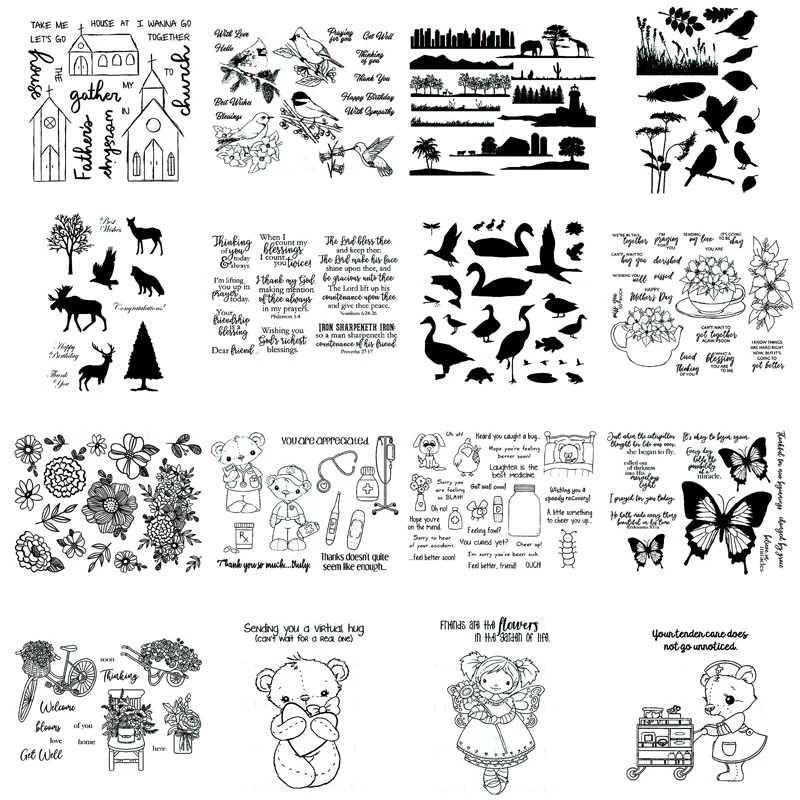 

Scene Silhouettes Blessing Phrases Swan Bouquet Birds Bear Transparent Stamp Clear Stamps for DIY Scrapbooking Paper Cards