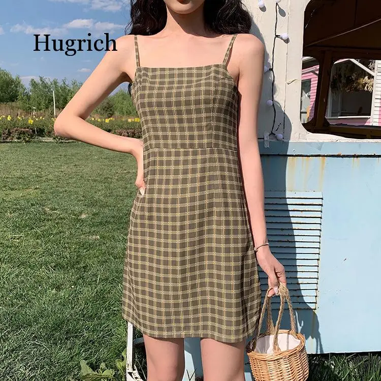 Summer Flavor Chic Lattice Print Slim Women Sexy Sleeveless Spaghetti Strap Dress Fashion Slash Neck a Line Mini Dresses