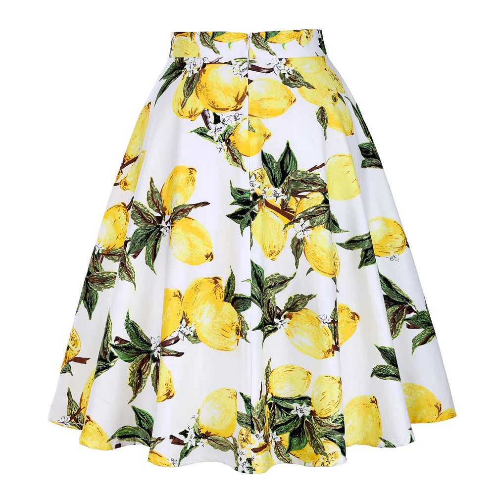 2023 Women Cotton Lemon Printed Short Midi 50s Skirts Yellow High Waist 60s Swing Rockabilly A-line Korean Casual Summer Skirts