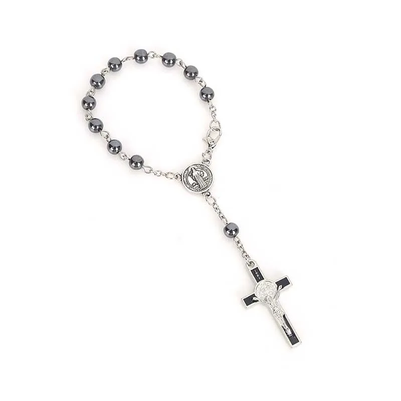 

60 Pieces / Hematite Rosary Bracelet Bead Necklace Men and Women Prayer Catholic Rosary Saint Benedict Cross Pendant Ornament