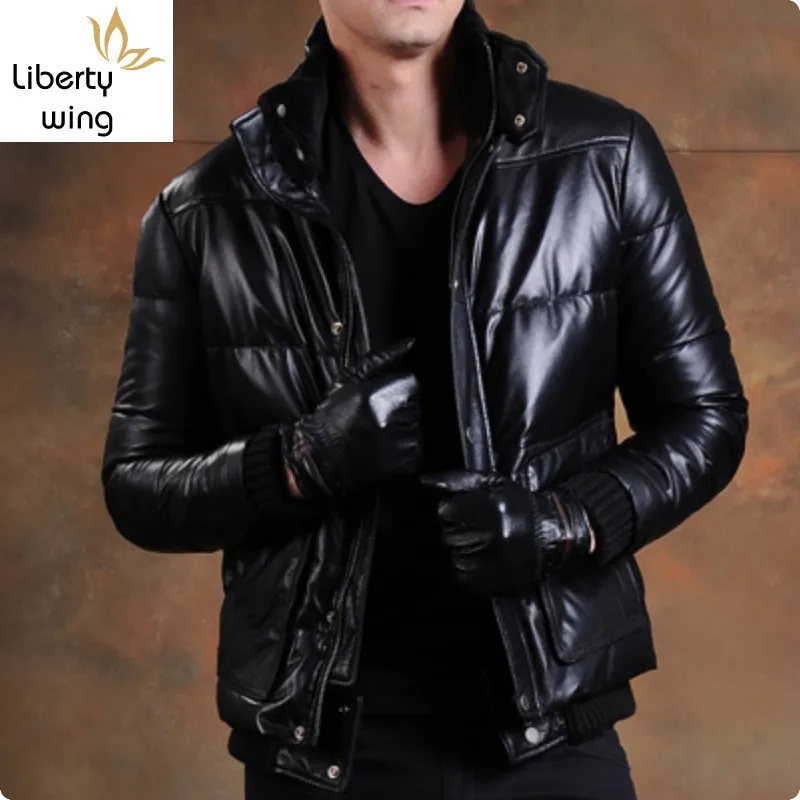 

Retro Sheepskin 100% Real Leather Short Jackets Duck Down Male Coat Stand Collar High Quality Motorcycle Blouson Cuir Homme