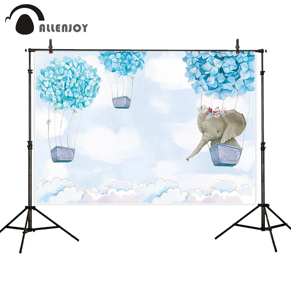 

Allenjoy elephant photography backdrop baby blue birthday baptism shower hot air balloon party custom background photophone