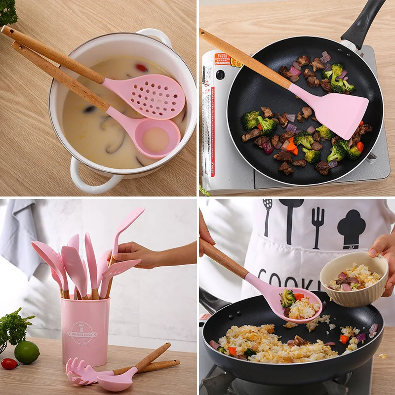 Holaroom Food Grade Silicone Kitchen Cooking Utensils Turner Spatula Spoon With Wooden Handle Practical Cooking Tool Kitchenware