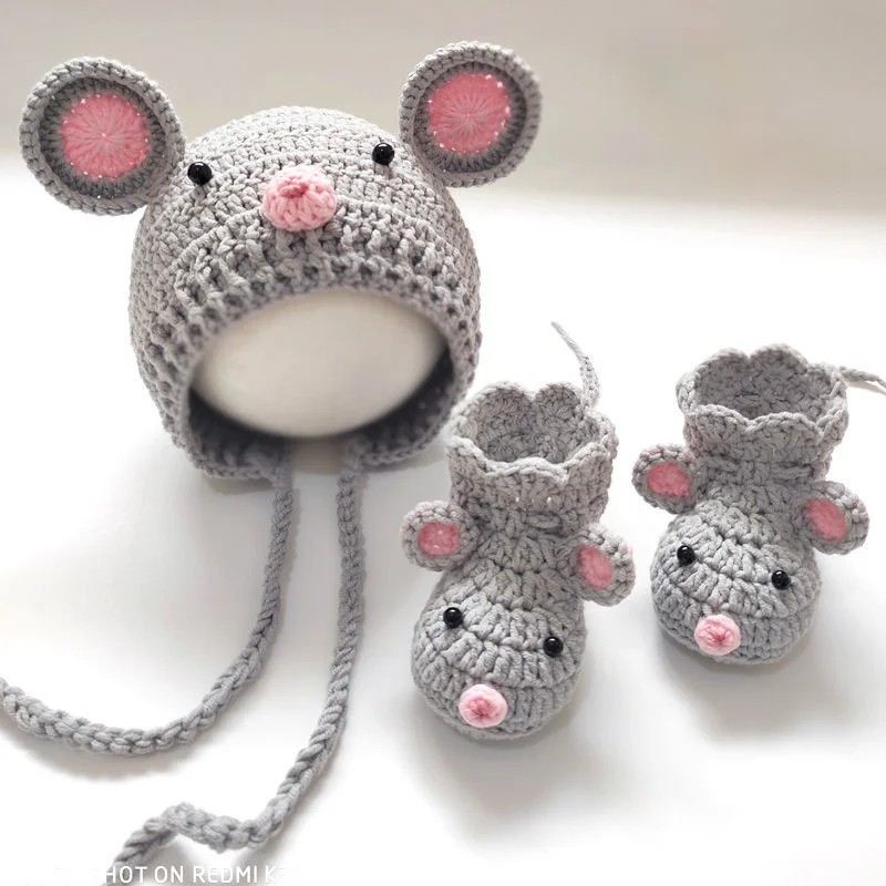 3pieces/Set Handmade knitted Baby woolen hat mouse shoes and hats set Newborn Photography Props Backdrop Studio Accessories