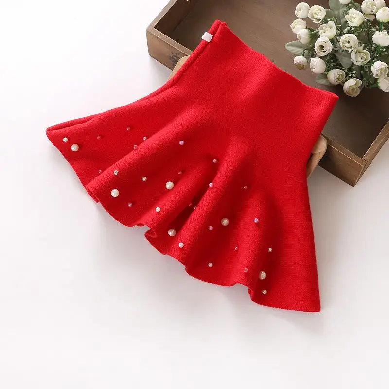 

Girls Mini Skirts Spring Autumn New Handmade Beaded Woolen Thread Cashmere Elastic Waist Skirt Korean Fashion Baby Girl Clothing