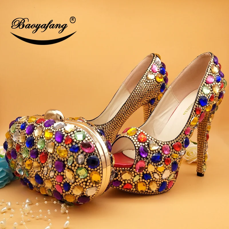 BaoYaFang High Heeled Open Toe Multicolored Crystal wedding shoes Woman High heels Platform shoes and bags set Thin High Pumps