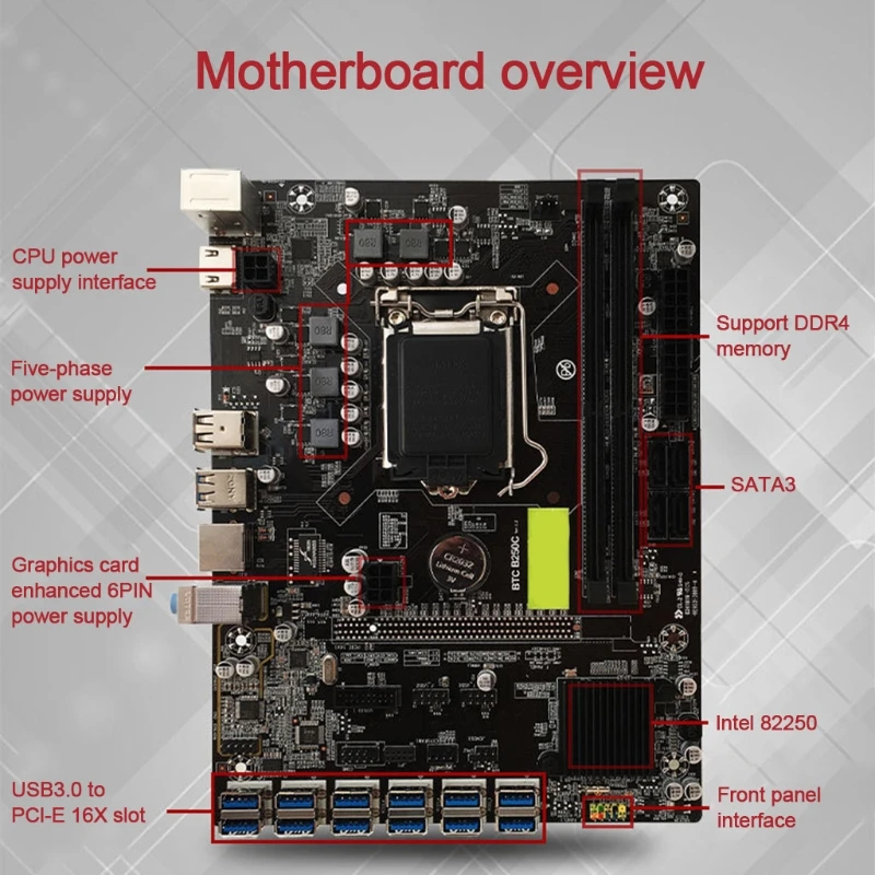 

B250C BTC Mining Motherboard 12 PCI-E Support 12 Video Card LGA 1151 DDR4 Memory USB3.0 for BTC Machine Bitcoin Mining 24BB