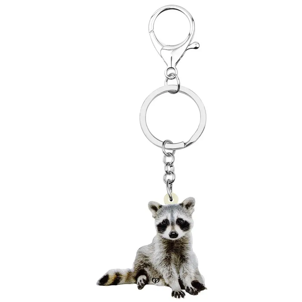 Bonsny Acrylic Gray Raccoon Keychains Printing Animal Key Ring Jewelry For Women Kids Friends Trendy Gift CarDecoration Charms