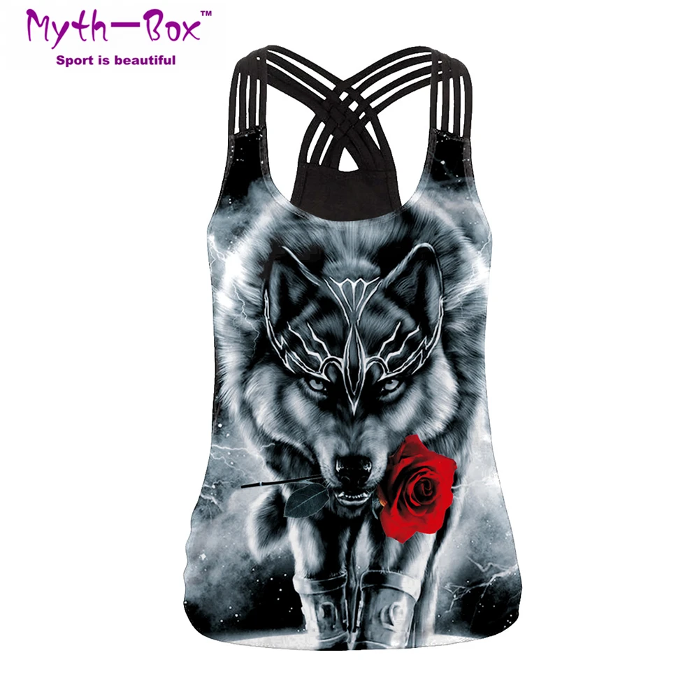 Women Sport Vest Sleeveless Shirt Flower Wolf 3D Print Slim Yoga Tops Running Undershirt Cross Straps Gym Fitness Tank Top Femme