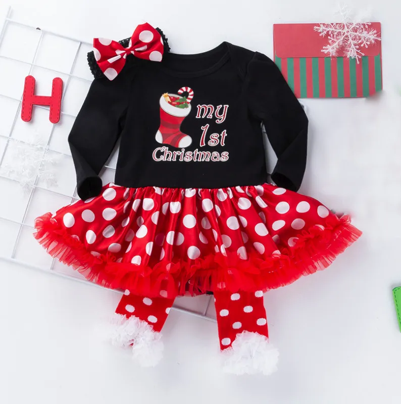 BEBE Christmas Costumes For Kids Girl Black Bodysuits with Polka Dot Dress Headband Leg warmer Baby Girl Xmas Party Clothes Sets