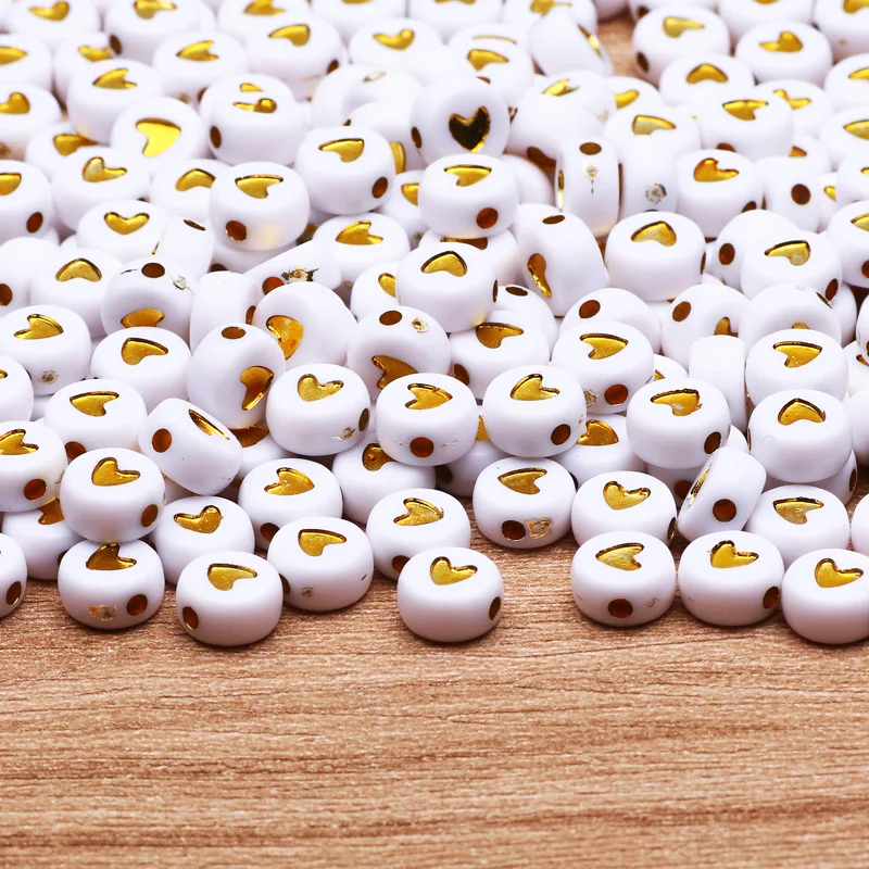 Gold Color Heart Acrylic Round Beads 4x7mm White Letter Spacer Beads For Jewelry Making Diy Charm Necklace Bracelet Accessories