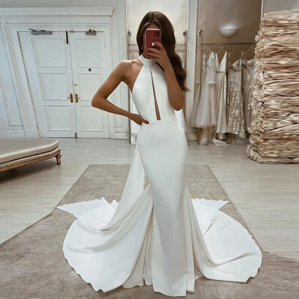 

Angelsbridep Halter Neck Simple Sleeveless Vintage Mermaid Wedding Dress Africa Fashion Long Train White Vestidos Wedding Gowns