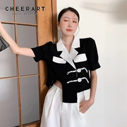 CHEERART Designer Black Asymmetrical Cropped Blazer Women Summer Puff Short Sleeve Blazer Ladies Korean Fashion Clothing