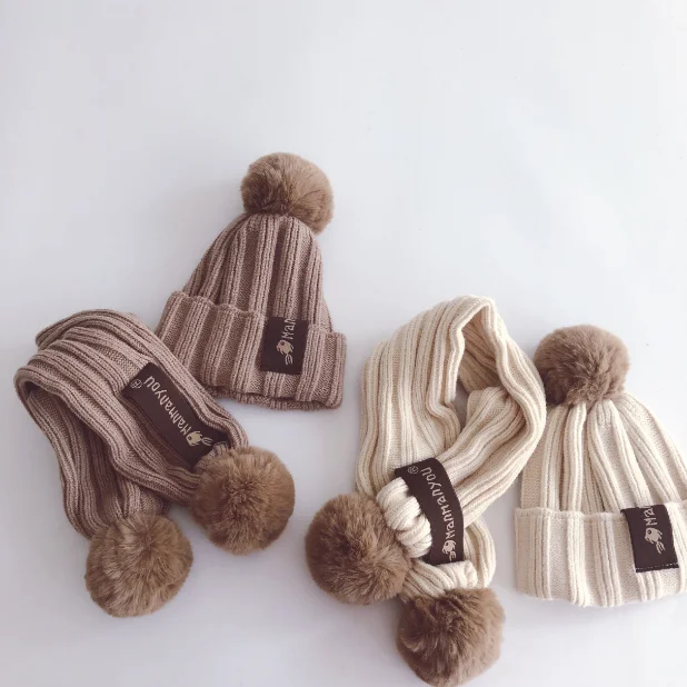 Autumn Winter Children Scarf-collar Boys Girls Warm Beanies Caps Scarf Sets Fashion Cotton Baby knit Hat Scarf