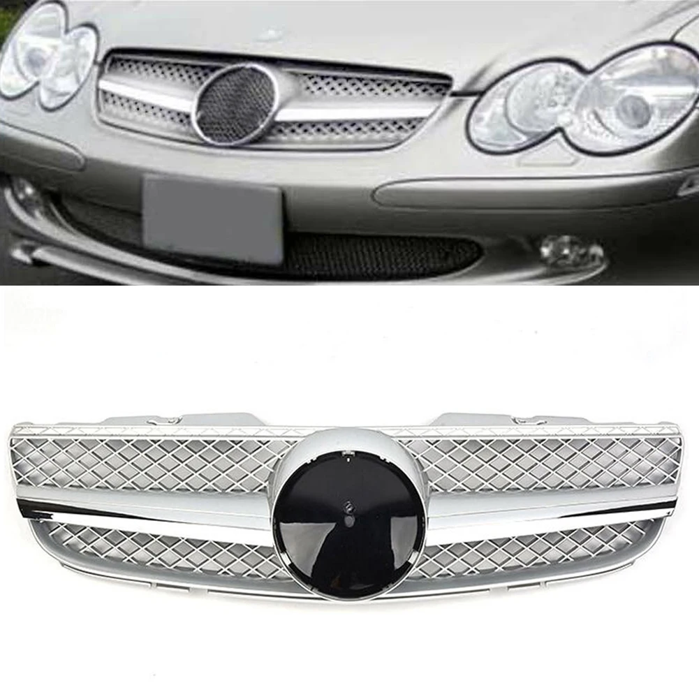 Car Front Grille 1 Fin Stylin Mesh Grill For Mercedes-Benz R230 SL-Class SL500 SL550 SL600 2007 2008 2009 Basic Silver w/ Emblem