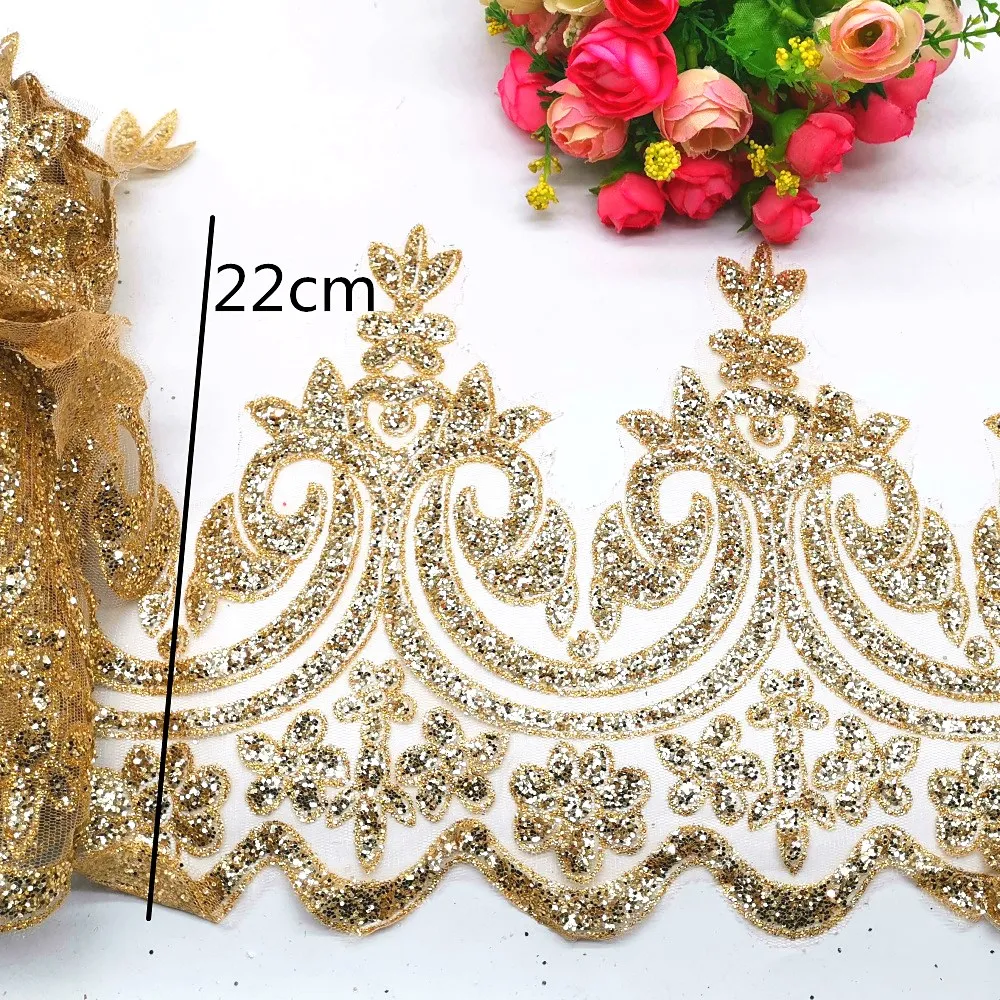 Bronzing Lace Fabric Glitter Gilding Printing Gold Stamp For Bridal Dress Border Scalloped Trims For Dress 22cm