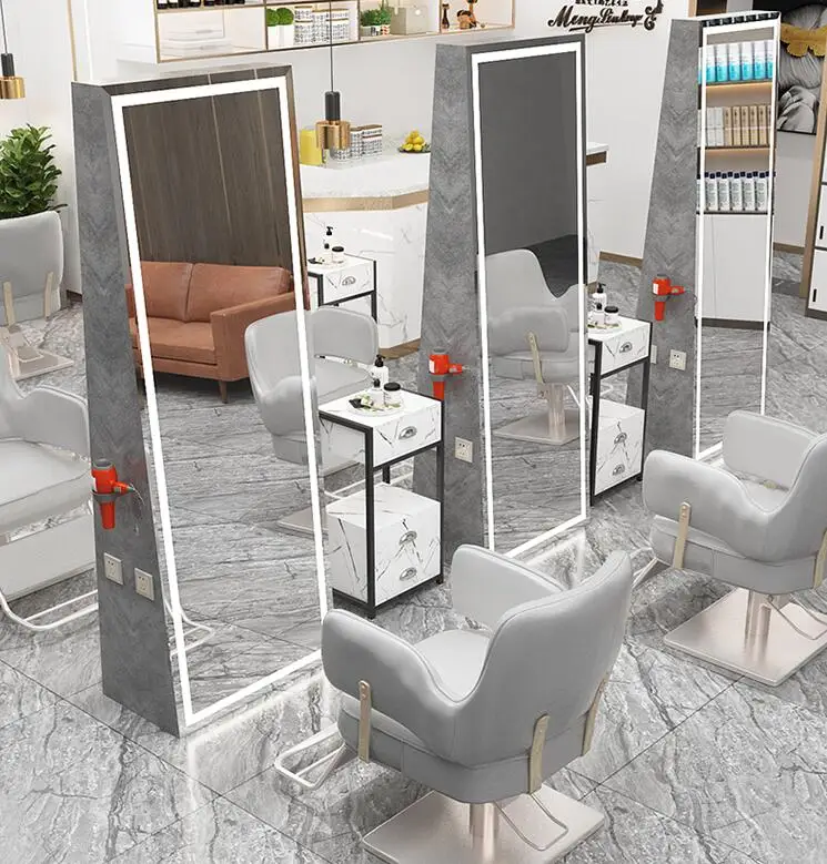 Single-side mirror barber shop floor-to-ceiling double-side dyeing and perm mirror table with lamp for hair cutting in hair salo