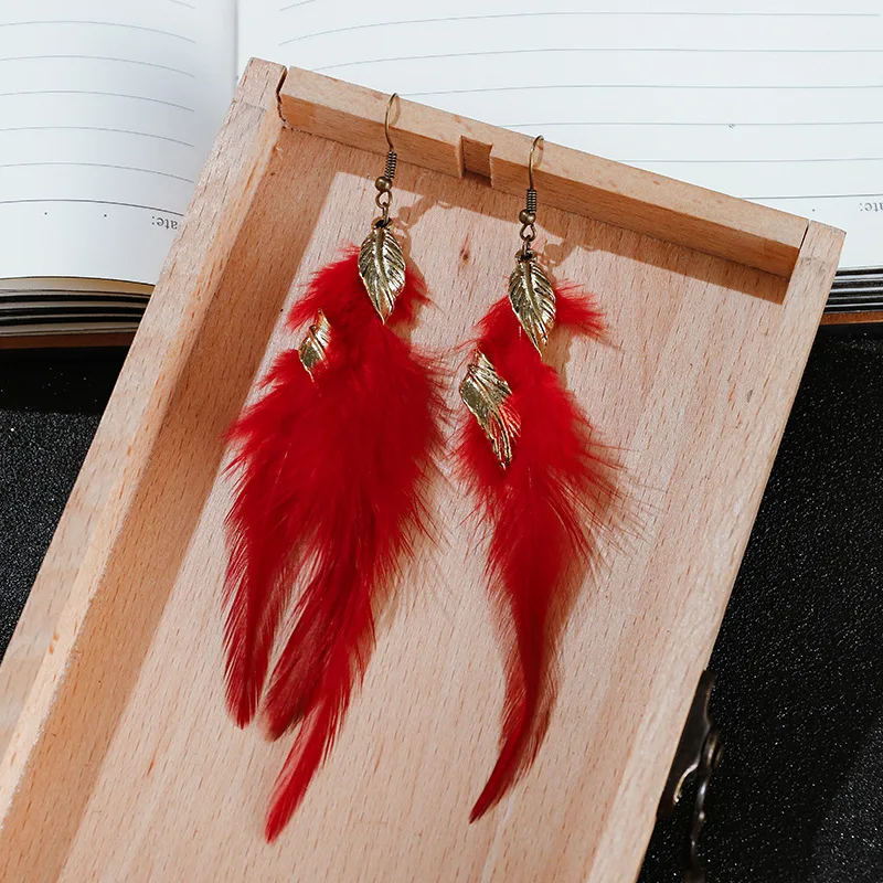 Vintage Blue Long Feather Earrings For Women Fashion Jewelry Bohemia Ethnic Alloy Leaf Exaggerated Earing Hangers Brincos Bijoux