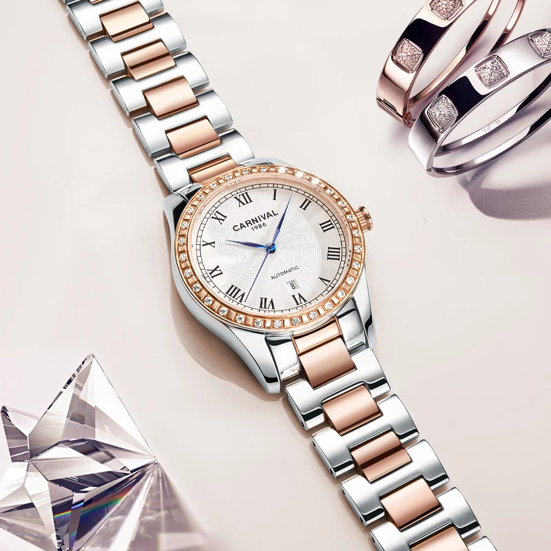 Karneval Luxus Marke Uhr Frauen Automatische Mechanische Uhren Damen Mode Diamant Saphir Kristall Wasserdicht Auto Datum 8051