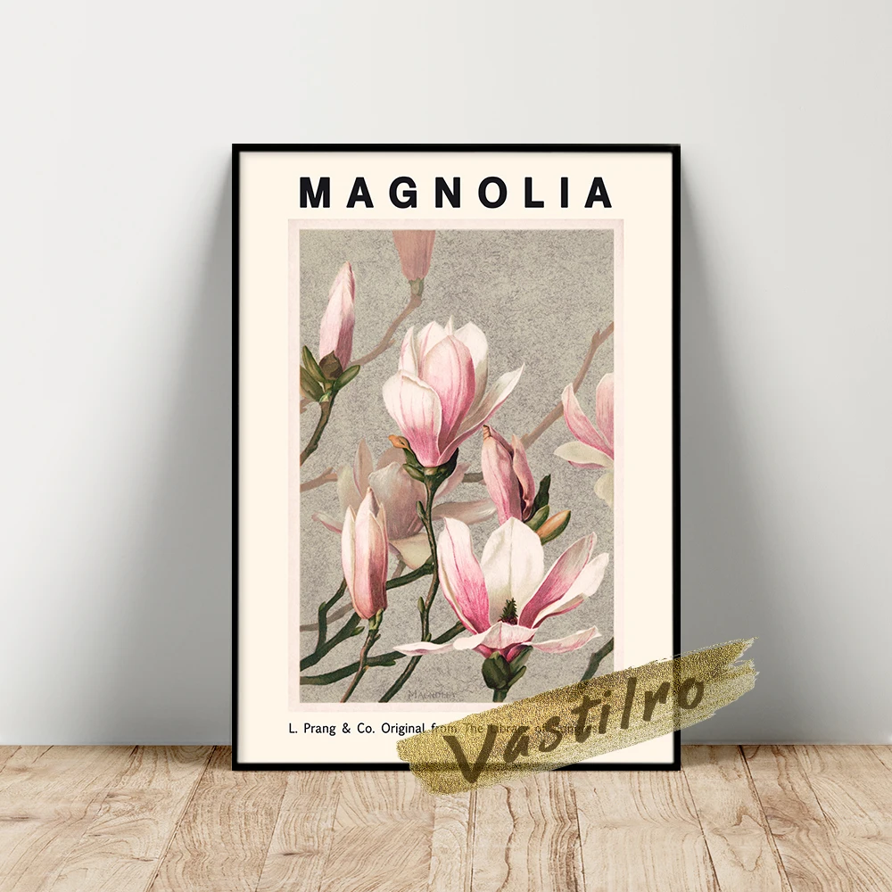 Vintage Magnolia Poster, Louis Prang Flowers Leaf Wall Painting, L. Prang & Co Plant Flora Art Prints, Living Room Wall Decor