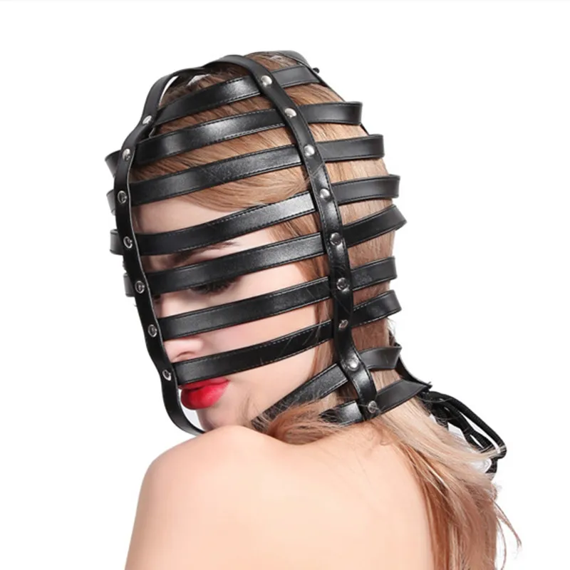 Gothic Kostüm von Slave Einstellbare Leder Verworrene Strappy Käfig Bondage Haube für Männer Frauen Fetisch Cosplay Halloween Kopf Maske