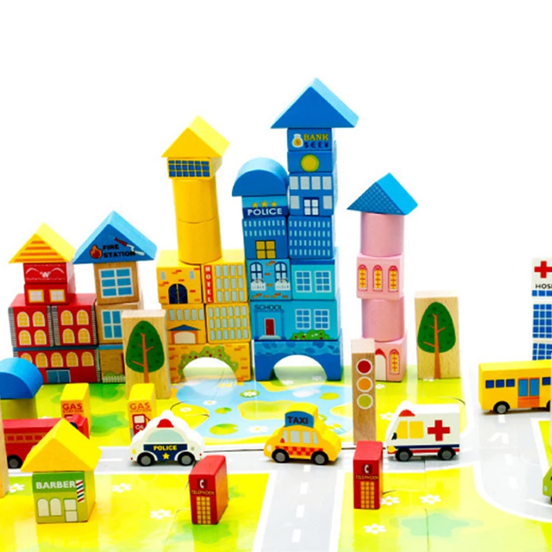 62 pezzi 3D Cartoon Building Block Giocattolo in legno Giocattolo educativo per l'apprendimento del bambino Giocattoli creativi per blocchi di traffico della città per bambini