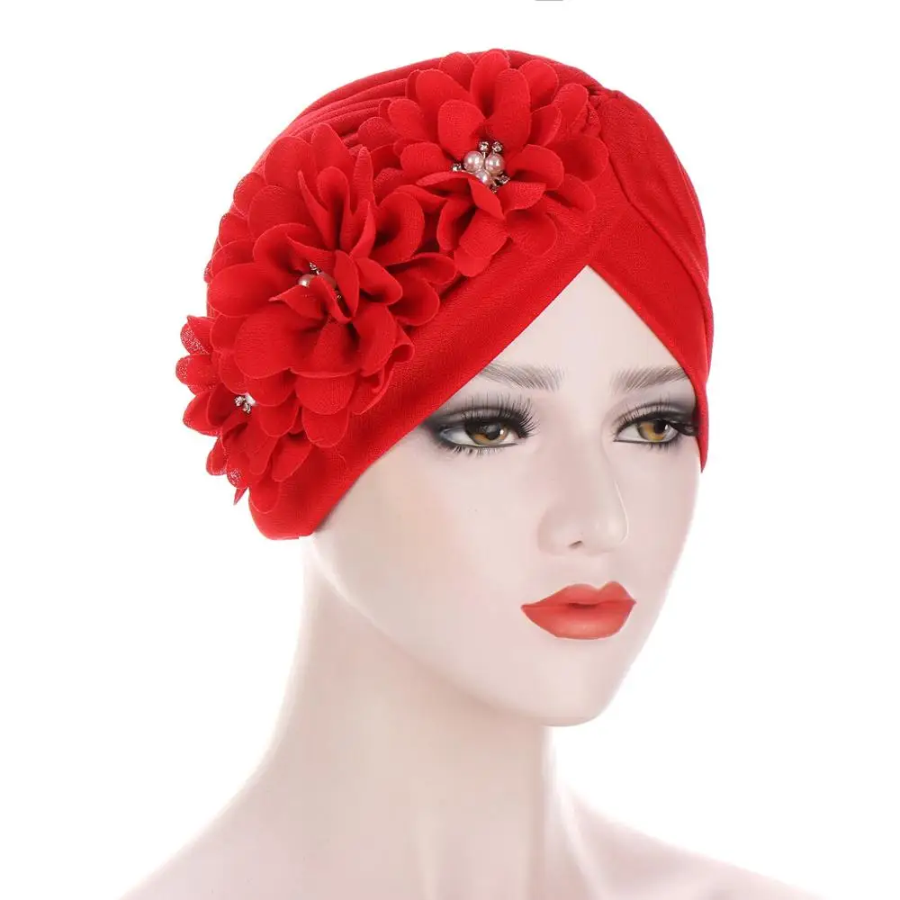 Turbante con volantes y flores para Mujer, gorros musulmanes elásticos con perlas, accesorios para el cabello, gorro indio, Turbante