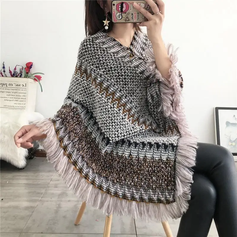 Swyivy Pullover Women Knitting Poncho Capes Autumn New 2020 Female Fashion Bohemian Poncho Cloak Tassel Winter Clothing