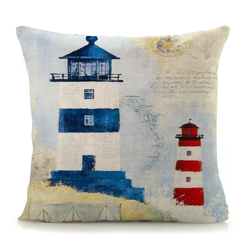 Mediterranean Lighthouse Ocean Sailing Print Home Decorative Cushion Cover Cotton Linen Pillow Case for Sofa Bed Chair 45x45cm