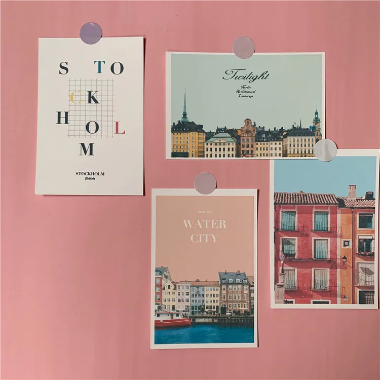 Pink Retro Waterside Town House Decoration Card 5 Sheets Photography Props Small Poster Diy Wall Sticker Postcard Greeting Cards