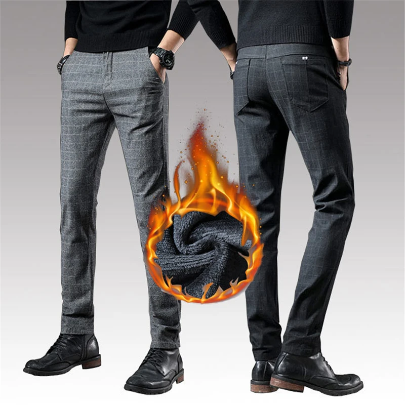 

2020 Winter Mens Stretch Pants Thick Warm Fleece Dress Pants Business Plaid Black Grey Trousers Casual Pants Male Size 38