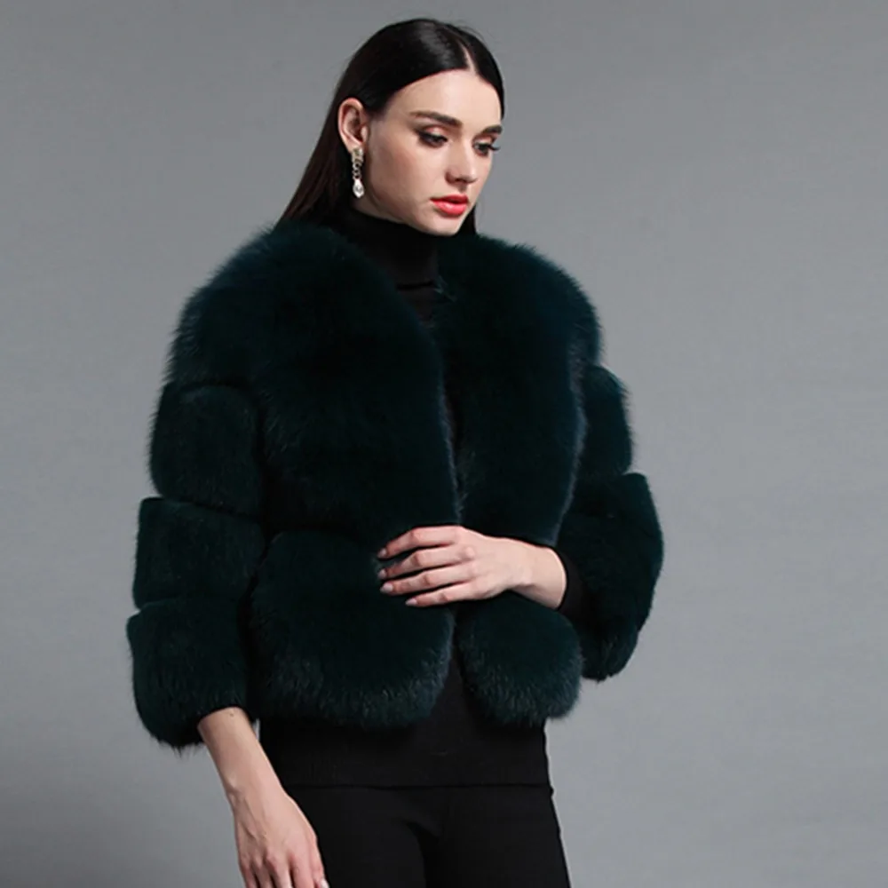 Real Fox Fur Coat Full Pelt Three Quarter Sleeve Natural Fur Coat Green Color Fashion Short Style Round Collar Fur StoryFS161154