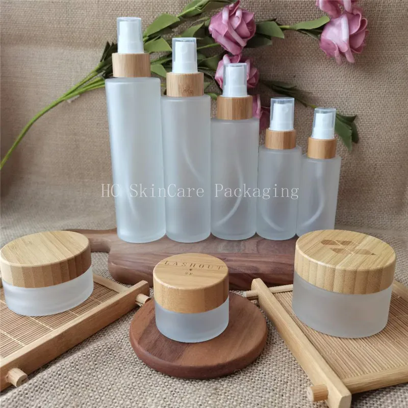 

Wholesale 30ml 50ml 100ml 120ml Frosted New Type Glass Empty Spray Bottle Bamboo Cap Travel Toner Liquid Container Skin Care