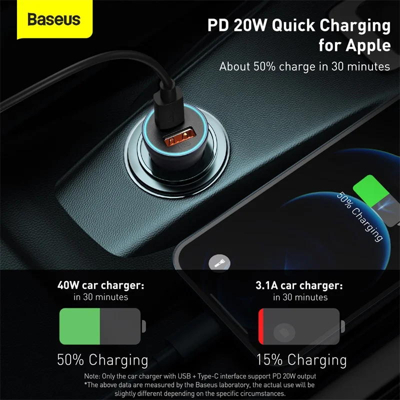 Baseus 40W Dual Quick Charger PD 20W Fast Car Phone Charger QC SCP FCP Fast Charging Type C Charger for iPhone 12 For Samsung