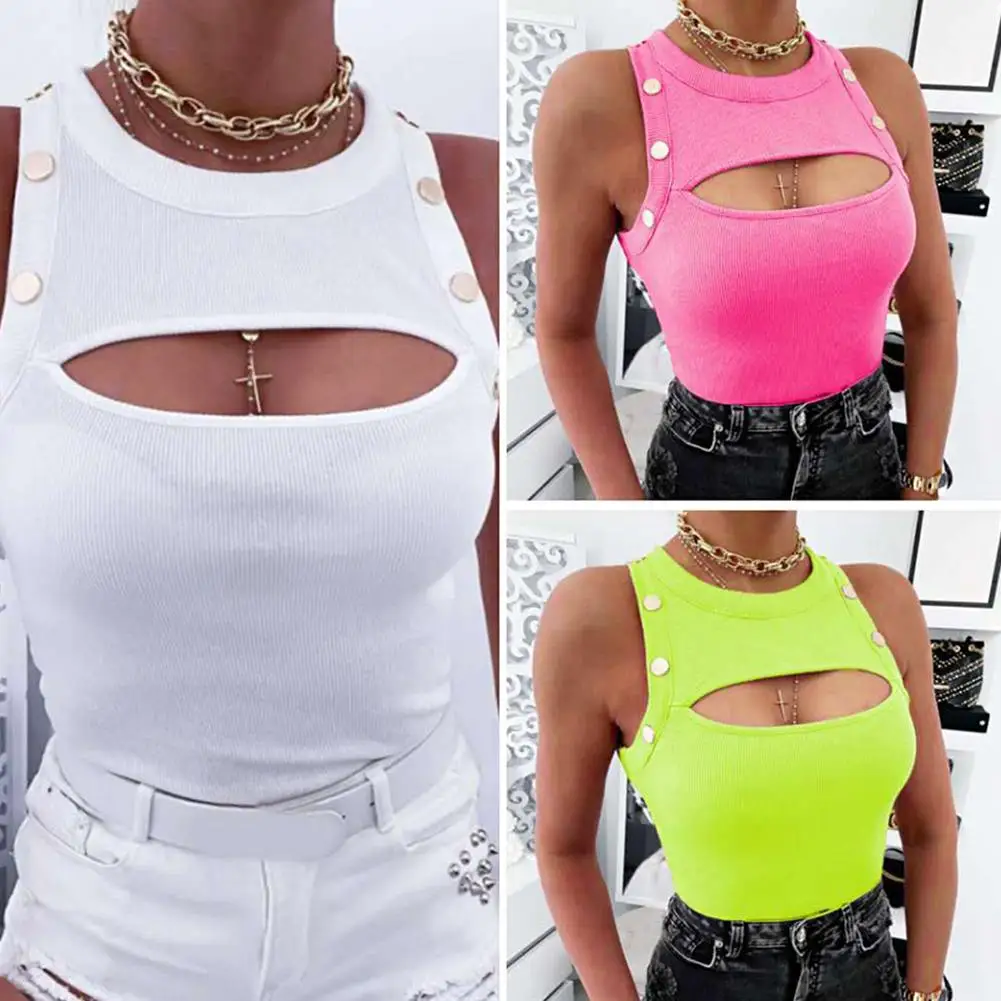 Women Fashion Sexy Summer Vest Sexy Women Chest Hollow Buttoned Top Blouse Slim Sleeveless Round Neck Vest ladies Clothing 2020