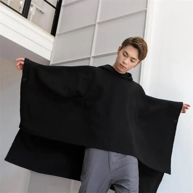 Men's coat new autumn/winter woollen coat hoodie bat coat for men medium length overcoat woollen cloak cape cape