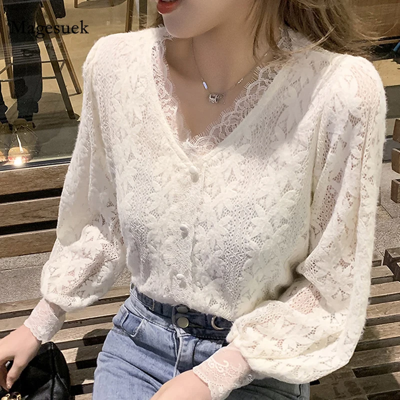 

Elegant 4XL New Lace Blouse Women Korean Hollow Out V Neck Long Sleeve Shirt Ladies Spring Crochet Lace Solid Tops Blusa 13356