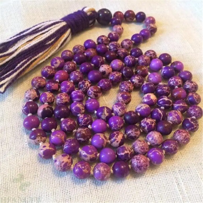 

6mm Purple Imperial Stone 108 Buddha Beads Tassels Necklace Unisex Ruyi energy Healing Bless cuff Lucky Mala fengshui natural