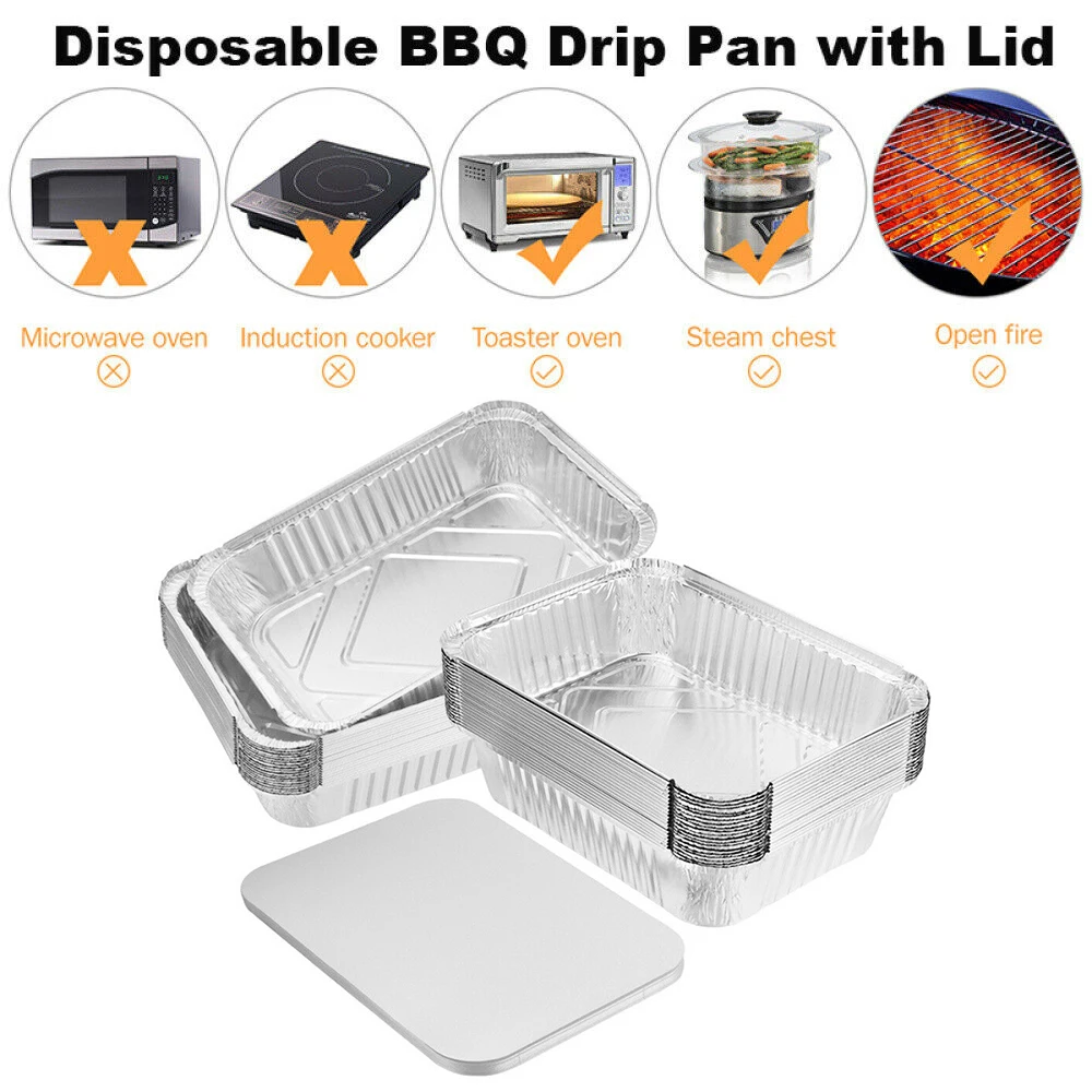 10 Set Aluminum Foil BBQ Box Trays Mold Disposable Roasting Baking Tray +Lid Disposable BBQ Boxes 22.4*17.5*4cm 930ML Drip Pans