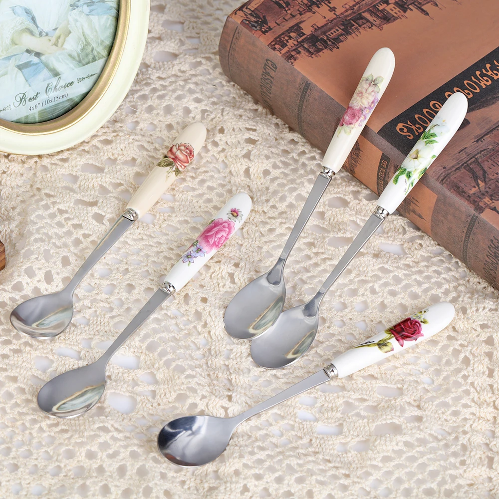 1pc Cute Rose Flowers Stainless Steel Mini Coffee Spoon Kitchen Tea Spoon With Long Handle Ceramics Ice Cream Dessert Teaspoon