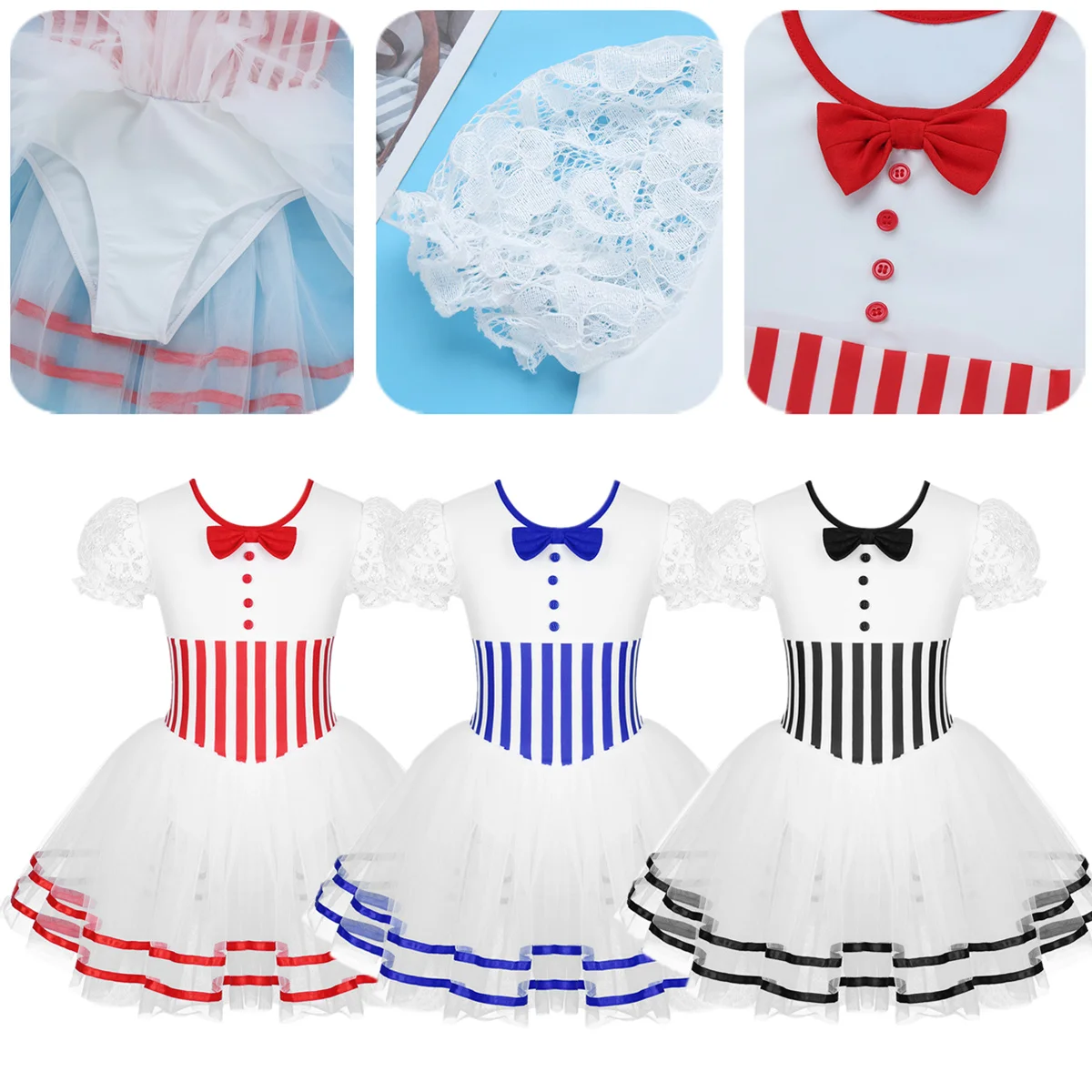 

Girls Figure Skating Performance Dancewear Christmas Dance Costume Short Lace Puff Sleeves Baton Twirling Mesh Leotard Dress
