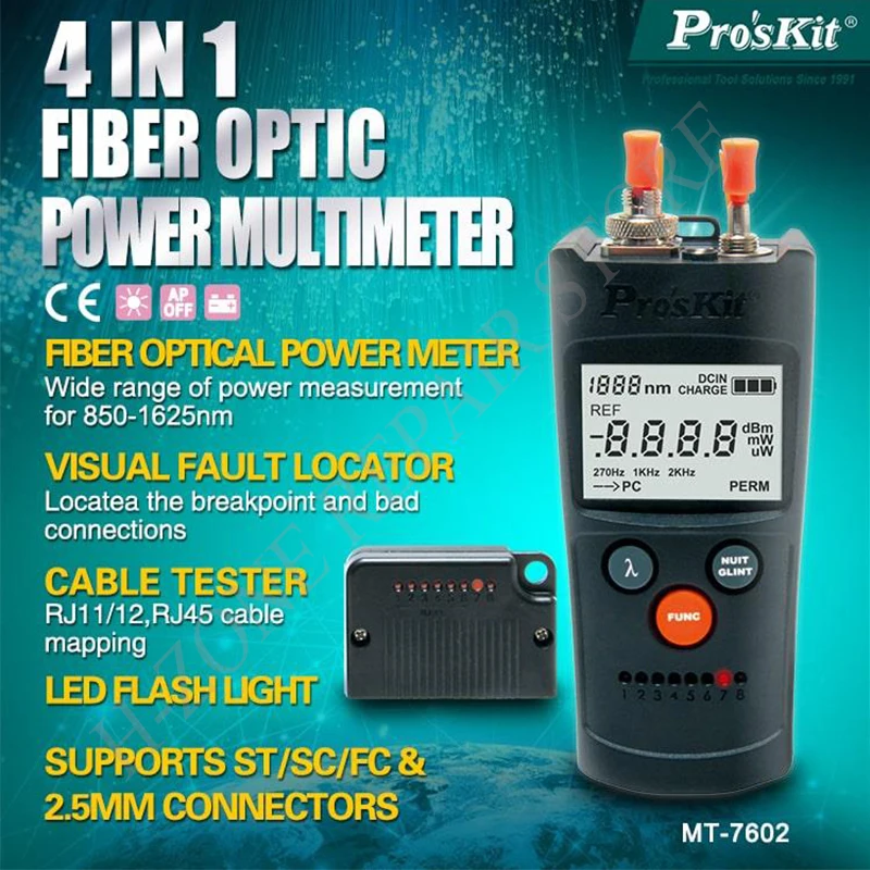 

4 in1 Pro'sKit Optical Power Meter MT-7602-C 4-IN-1 VFL Cable Network Tester Fault Finder LED Light Fiber Optic Power Multimeter