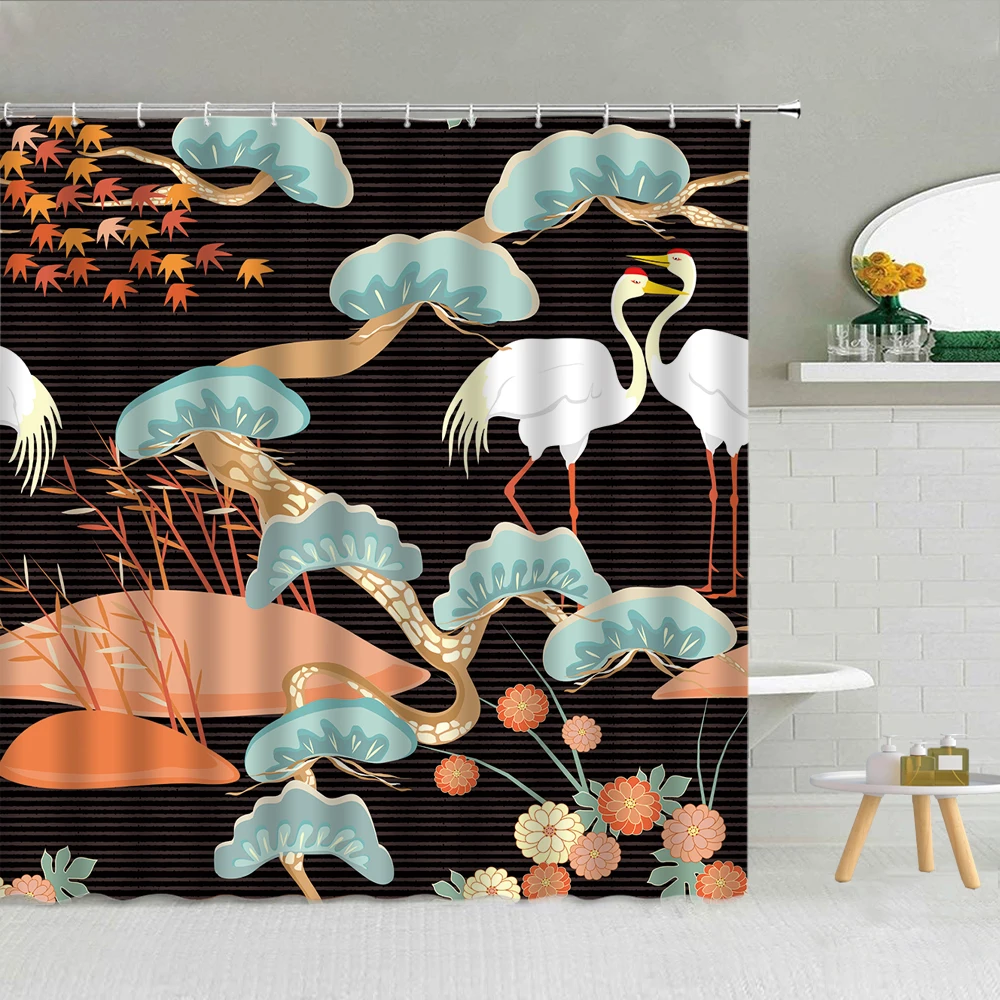 Chinese Style White Crane Waves Shower Curtain Fabric High Quality Bathroom Supplies Decor With Hooks Cloth Curtains Washable