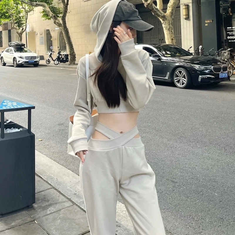 2023 Fashion New Casual Sets Women Long Sleeve Crop Zipper Hoodies + Side Waist Hollow Out Intersect High Waist Loose Long Pant