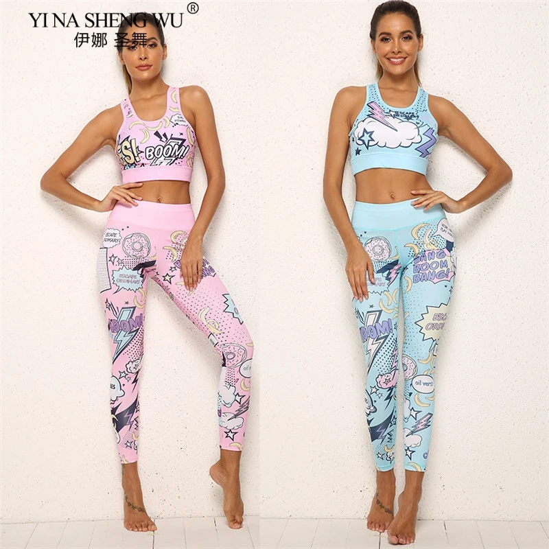 Women Print Cartoon Pattern Boom Running Yoga Suits Sportswear High Waist Fitness Pants Harajuku Sports Set Gym workout Clothes