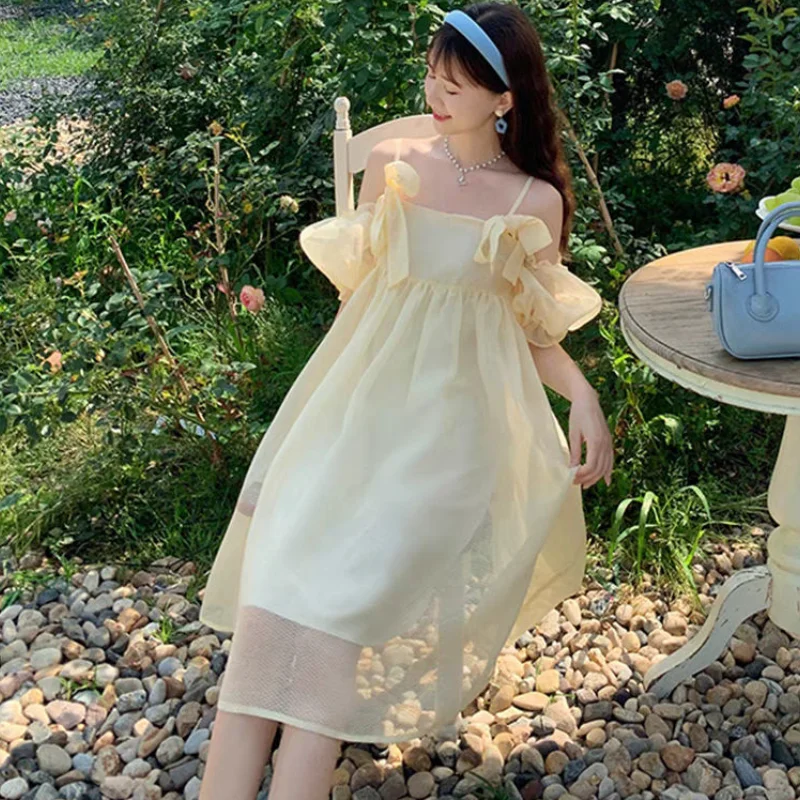 2021 Summer Vintage Yellow Strap Dress Women Sweet Off Shoulder Ruffle Fairy Dress Female Elegant Evening Party Ladies Dress New