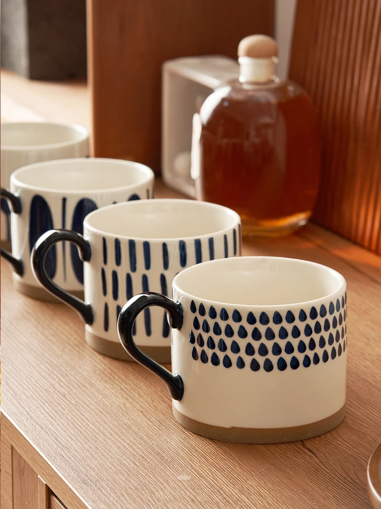 Ceramic Mugs 4 Pieces Set Under Glazed Japan Retro Style Resturant Cups Round Handmade Drinkware 450ML Large Capacity