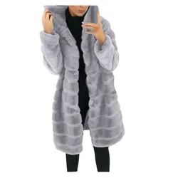 Casaco grosso com capuz falso para mulheres, jaqueta de manga comprida, sobretudo peludo quente, plus size, outerwear da moda, inverno