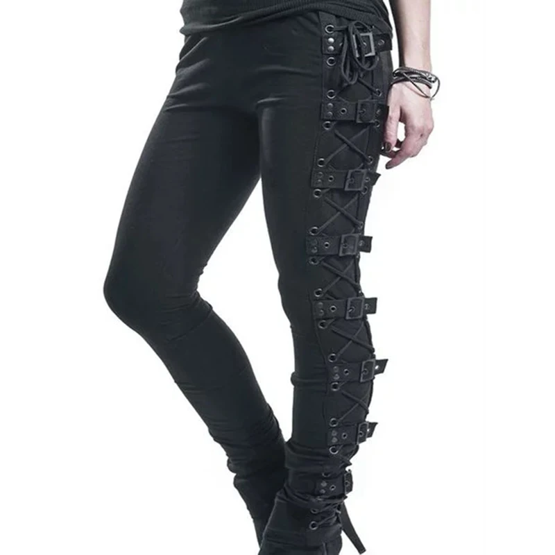 

Women Girl Steampunk Medieval Black Pants Renaissance Gothic Hip Hop Trousers High Waist Side Slit Lace Up Pants